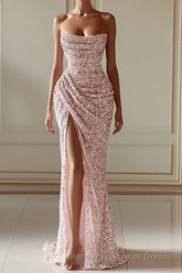 New Arrival Pink Sequins Sleeveless Evening Dresses With Split